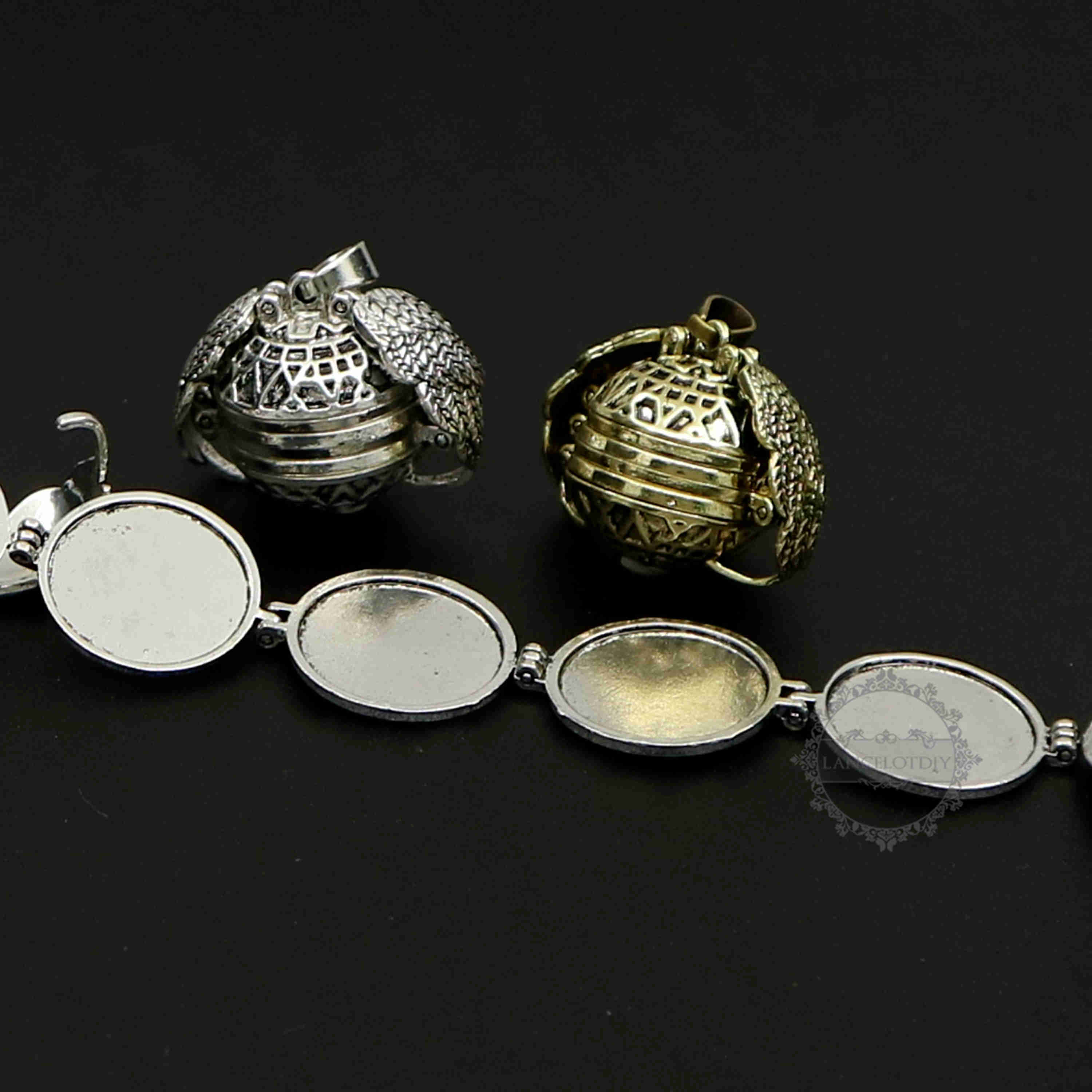 5pcs 25mm vintage style antiqued silver angel wing four fold round ball photo locket pendant charm DIY supplies 1113031 - Click Image to Close
